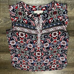 LOFT Black and White Boxy Blouse with Mandarin Collar